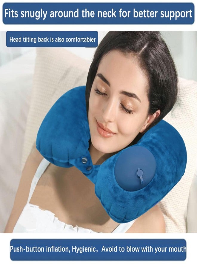 Litcat Inflatable Travel Neck Pillow, Soft Velvet Inflatable Neck Pillow,Press to Inflate Traveling Pillow for Airplane,Traveling, Train, Car, Office, Suit for Adults Sleeping - Deep Blue - Image 3