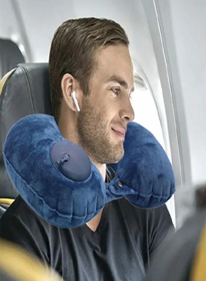 Litcat Inflatable Travel Neck Pillow, Soft Velvet Inflatable Neck Pillow,Press to Inflate Traveling Pillow for Airplane,Traveling, Train, Car, Office, Suit for Adults Sleeping - Deep Blue - Image 2