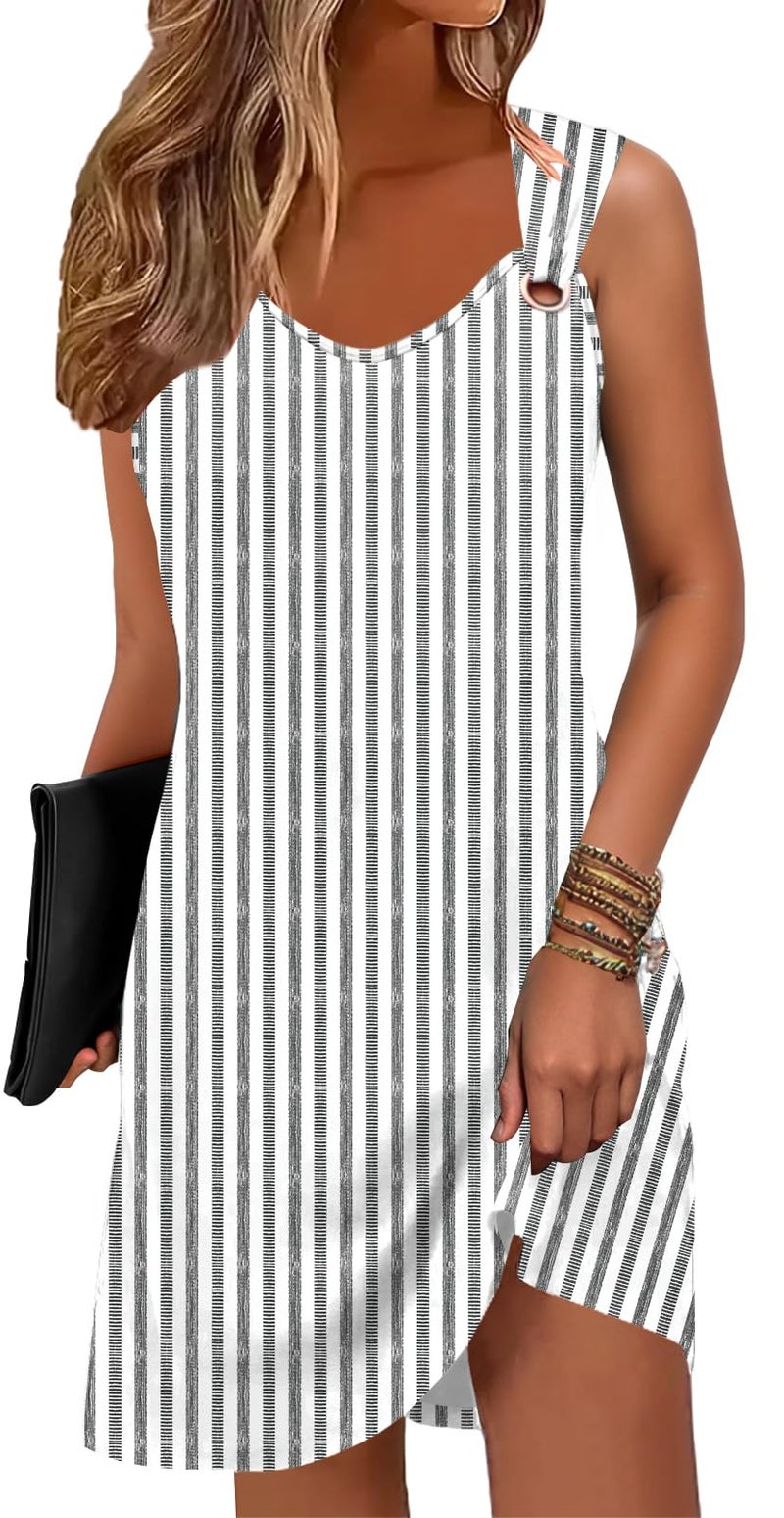 Disamer Summer Dresses for Women 2026 Sundresses Sleeveless Beach Swimsuit Cover Ups Spring Casual Tank Tshirt Sun Dress,Striped Gray,Large - Image 1