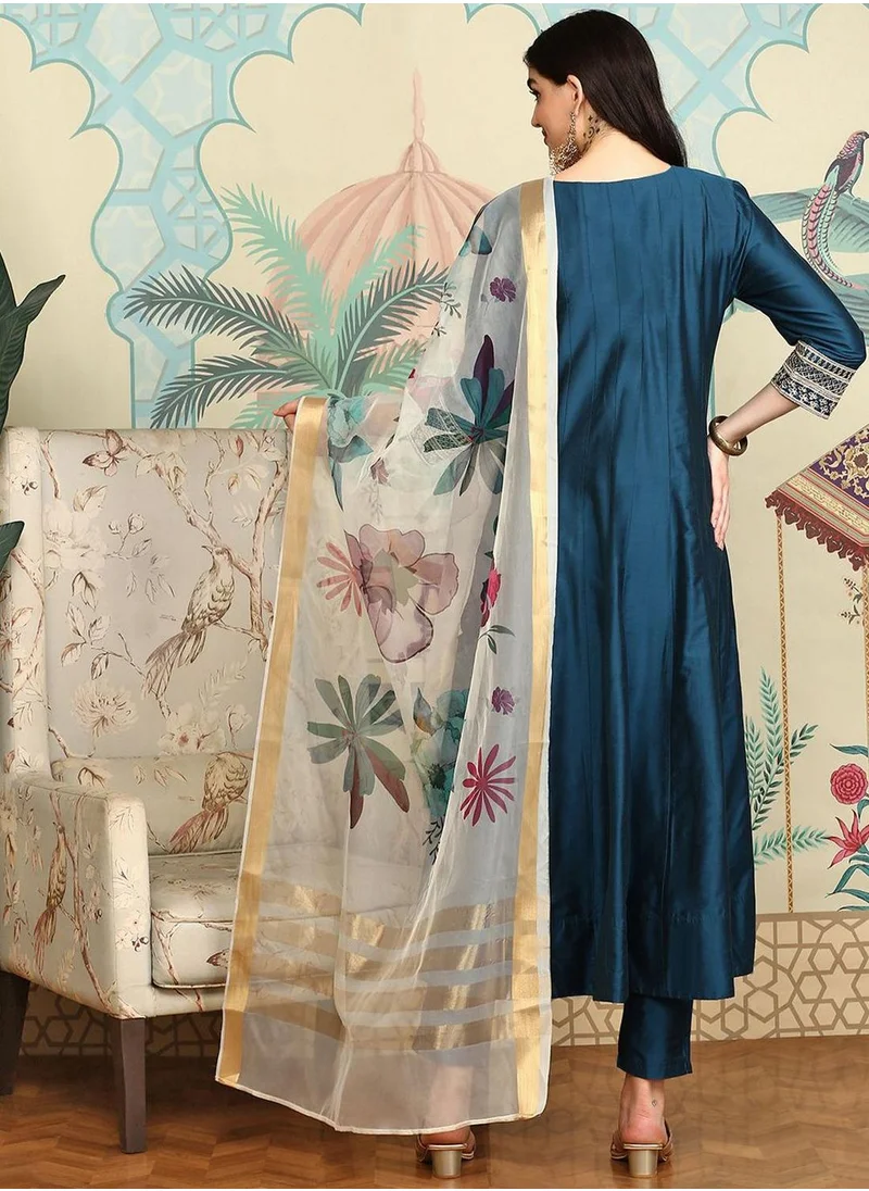 آي شين Navy Blue Kurta Set Straight Fit 3/4 Sleeve Sleeve made from POLY VISCOSE featuring Self Design design and Round Neck neckline - Perfect for Ethinic!