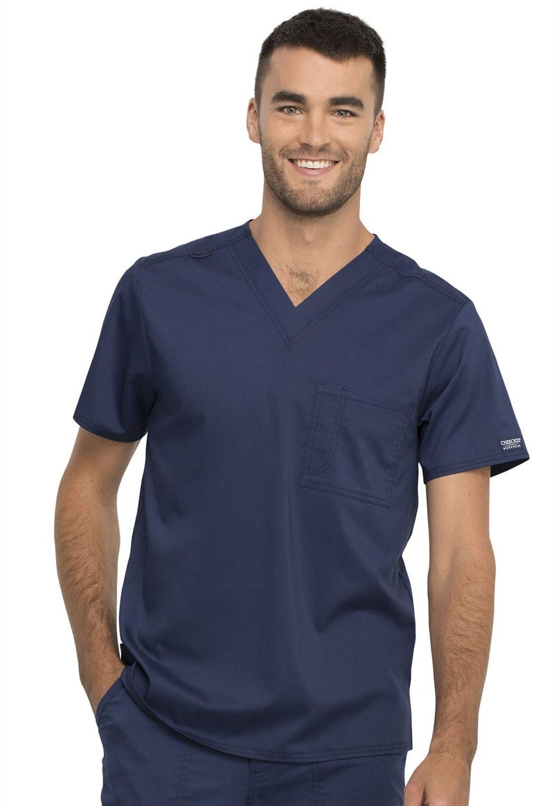 Cherokee Scrub Top for Women & Men, V-Neck Tuckable Medical Shirt with 1 Chest Pocket & ID Loop - WW625, L, Navy - Image 1