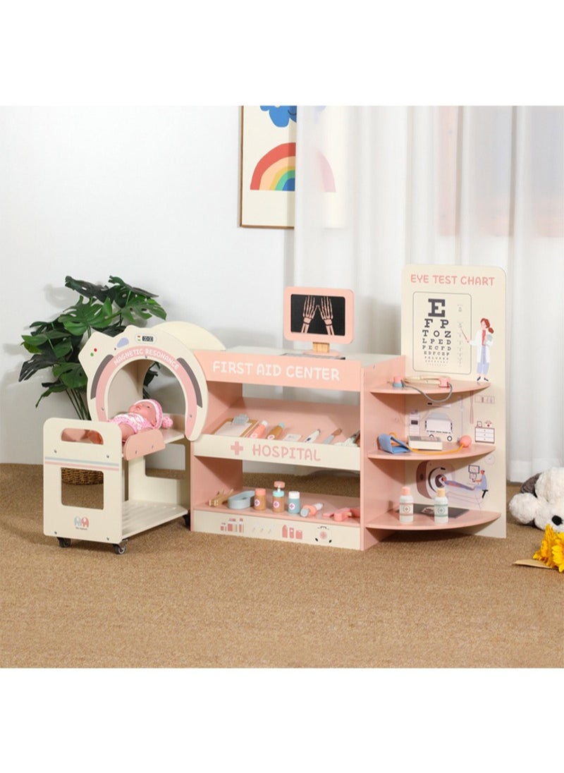 MaBaby Doctor Wooden Activity Center- Kids Pretend Play Medical Playset with 22 Fun Accessories, Dual Sided, Office Checkup Kit, X-Rays, 