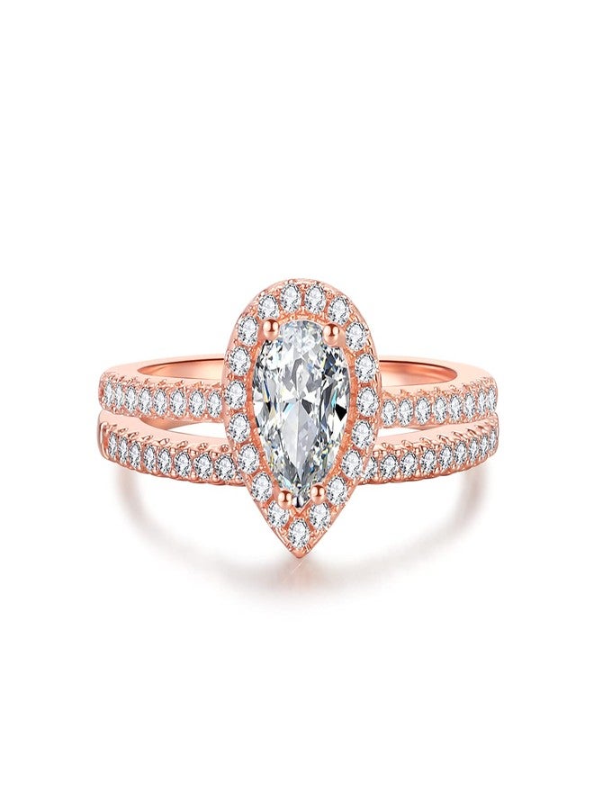 BeFab Classic Bridal Ring Set 0.75 Ct Pear Cut Teardrop Halo Ring Eternity Infinity Band Size 4-9 Half Sizes (Rose Gold, 7) - Image 1