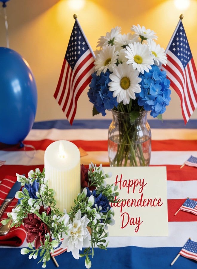 AUOCATTAIL Independence Day Candle Rings Artificial Flower Wreaths Red Blue White Holder Tables Centerpieces Home Farmhouse Decor 4th of July - Image 5