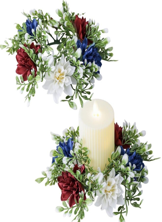 AUOCATTAIL Independence Day Candle Rings Artificial Flower Wreaths Red Blue White Holder Tables Centerpieces Home Farmhouse Decor 4th of July - Image 1