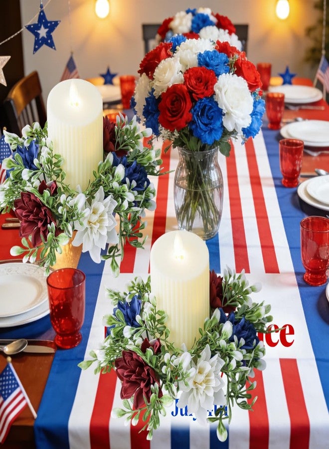 AUOCATTAIL Independence Day Candle Rings Artificial Flower Wreaths Red Blue White Holder Tables Centerpieces Home Farmhouse Decor 4th of July - Image 4