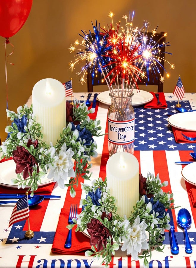 AUOCATTAIL Independence Day Candle Rings Artificial Flower Wreaths Red Blue White Holder Tables Centerpieces Home Farmhouse Decor 4th of July - Image 3