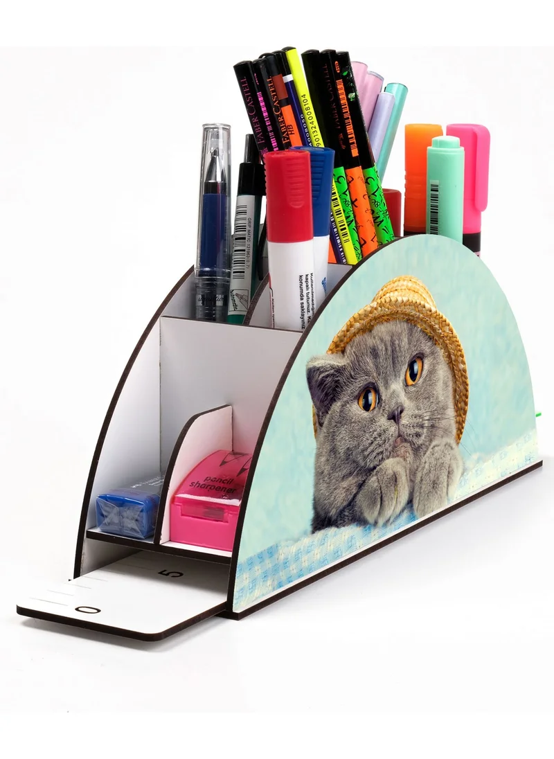 Notpa Wooden Vip Cat in Hat Rainbow Ruler Desktop Pen Holder Organizer for Kids VIP124