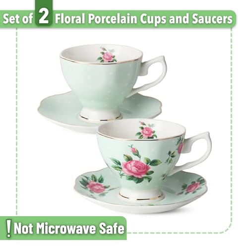 Brew To A Tea BTaT- Floral Tea Cups and Saucers, Set of 2, 8oz, Coffee Cups with Gold Trim, British Tea Cups - Image 2