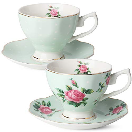 Brew To A Tea BTaT- Floral Tea Cups and Saucers, Set of 2, 8oz, Coffee Cups with Gold Trim, British Tea Cups - Image 1