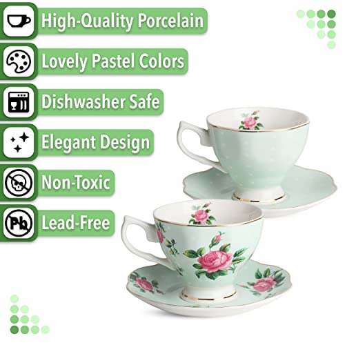 Brew To A Tea BTaT- Floral Tea Cups and Saucers, Set of 2, 8oz, Coffee Cups with Gold Trim, British Tea Cups - Image 4