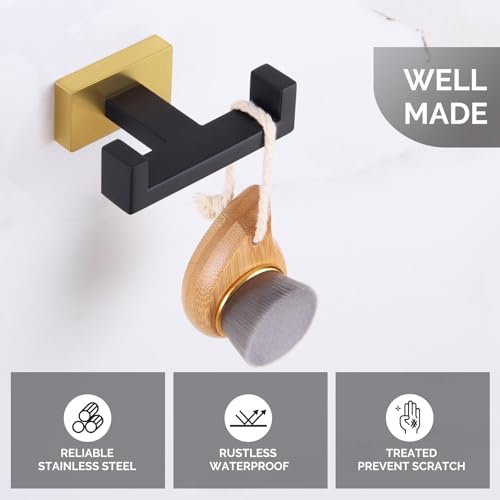 Angle Simple Towel Hook Black & Gold 2 PCS, Stainless Steel Double Hook for Bathroom, Square Robe Hook, Hand Towel Holder for Wall - Image 3