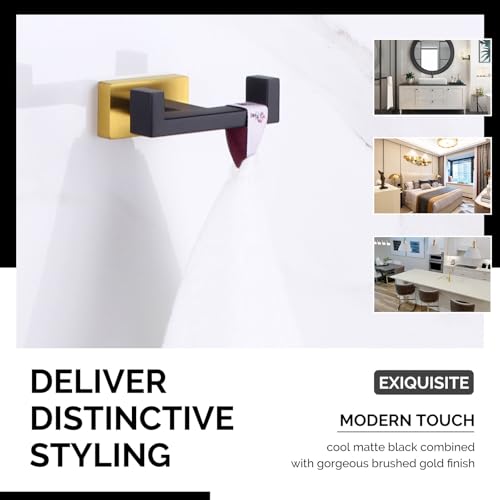 Angle Simple Towel Hook Black & Gold 2 PCS, Stainless Steel Double Hook for Bathroom, Square Robe Hook, Hand Towel Holder for Wall - Image 5