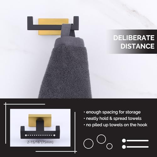 Angle Simple Towel Hook Black & Gold 2 PCS, Stainless Steel Double Hook for Bathroom, Square Robe Hook, Hand Towel Holder for Wall - Image 4