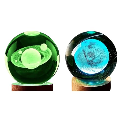 GITGRNTH 2 Pcs 3D Saturn & Moon Crystal Ball Lamp with Wooden Base, USB Powered RGB Crystal Night Light, Celestial Planets Edition, Perfect for Creating a Dreamy Atmosphere. - Image 1