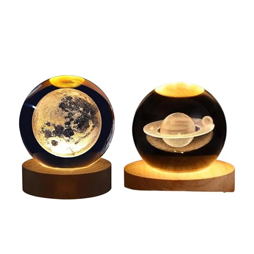 GITGRNTH 2 Pcs 3D Saturn & Moon Crystal Ball Lamp with Wooden Base, USB Powered RGB Crystal Night Light, Celestial Planets Edition, Perfect for Creating a Dreamy Atmosphere. - Image 2