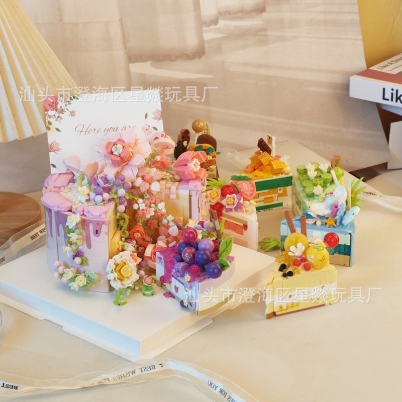 Flower Cake Chinese Building Blocks Food Fruit Model Assembled Toys Creative Ornaments Girl Series Birthday Gift - Image 3