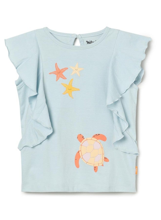 ميلو تيشيرت ميلو قطني مطبوع بتصميم واسع من الأسفل، مغسول حيوياً - أزرق - Image 1