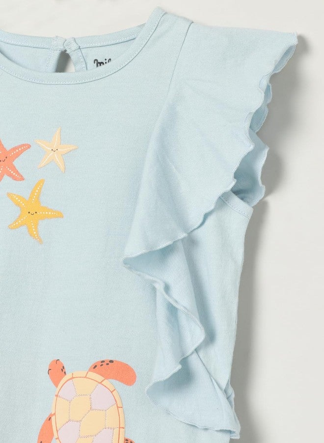 ميلو تيشيرت ميلو قطني مطبوع بتصميم واسع من الأسفل، مغسول حيوياً - أزرق - Image 3