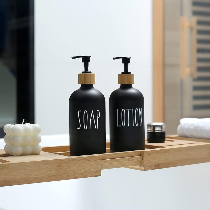 MOMEEMO Black Soap Dispenser Bathroom Set, Set with Glass Dispenser, Bamboo Pumps & Tray. Hand and Lotion Suitable for Farmhouse Decor. (Black) - Image 4