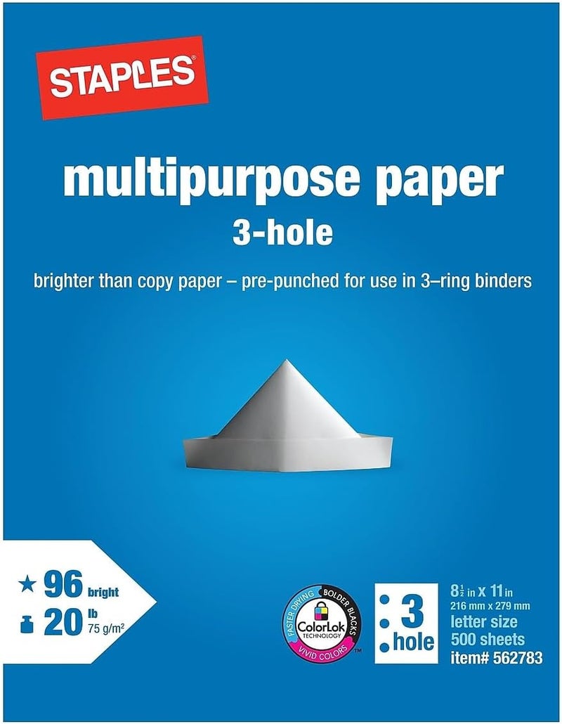 Staples Multipurpose Paper, 8 1/2 x 11, 3-Hole Punched, Ream - Image 1