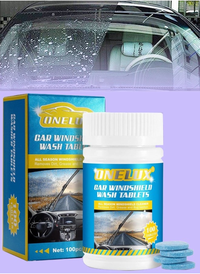 ONELUX - 100 قطعة من أقراص غسيل الزجاج الأمامي للسيارة، أقراص تنظيف مركزة لسائل مساحات الزجاج الأمامي، قطعة واحدة تكفي جالونًا واحدًا لإزالة بقع الزجاج باستخدام مزيل الجليد أو أقراص تنظيف الزجاج الميثانول - Image 1