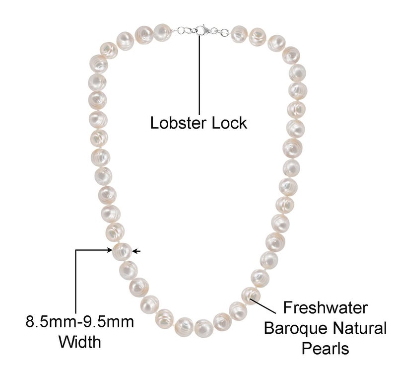 Savlano 8.5-9.5MM Cultured Freshwater Baroque Natural White Pearl Bead Necklace 19-inch, For Women Comes with Gift Box - Image 3