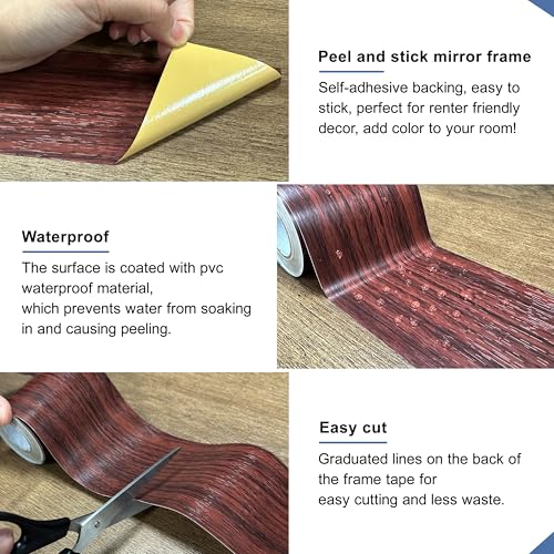 TIANLDD 27 FT Wood Grain Wallpaper Border, Removable Waterproof Mirror Border Peel and Stick,Bathroom Mirror Frame Border.(Reddish Brown Oak) - Image 4