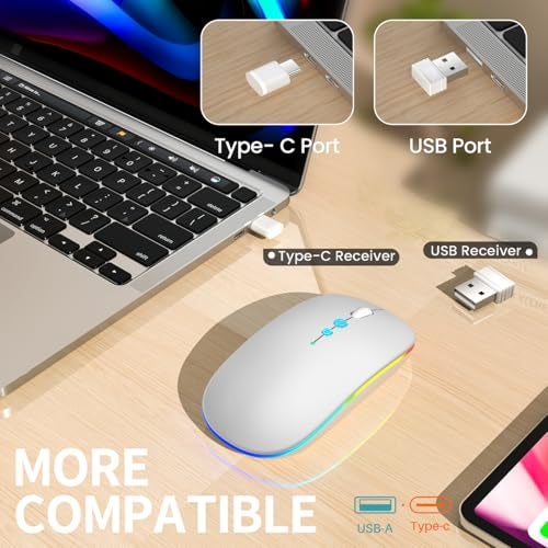 Halpilt LED Wireless Mouse A100S Rechargeable Portable Silent Mouse with Optional USB and Type-C Receiver 3-Speed Adjustable DPI for PC/Mac/Laptop (Frosted Silver) - Image 3