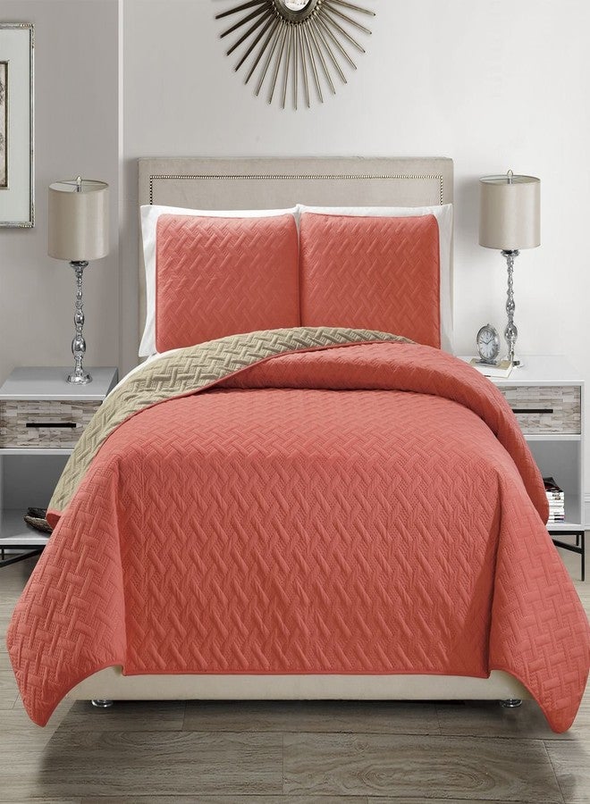 KingLinen Embossed Geometric Reversible Bedspread/Quilt/Coverlet with Sham Set (Coral, King) - Image 1