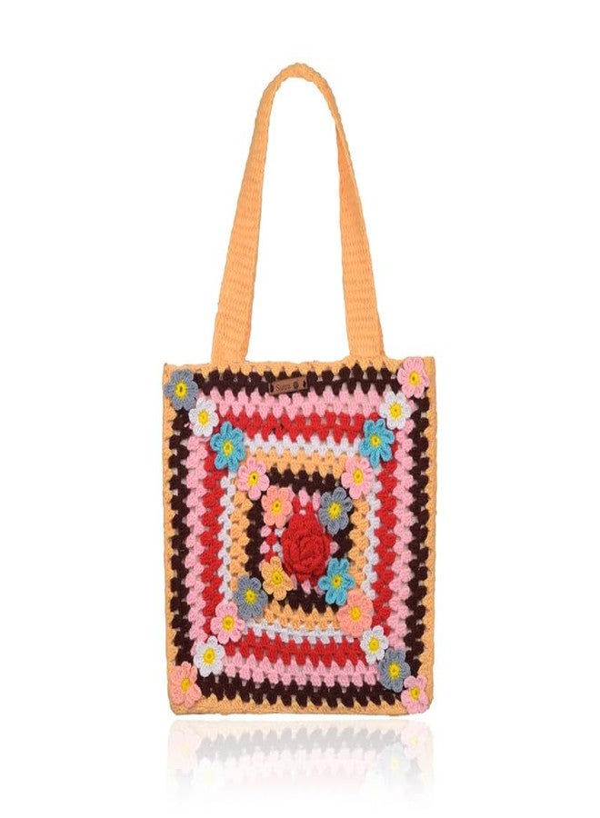 Sutra Handmade Wool Crochet Peach Handle Floral Tote Bag | Boho Shoulder Purse | Eco-Friendly Reusable Tote Bag | Summer Beach Handbag for Women Girls - Image 1