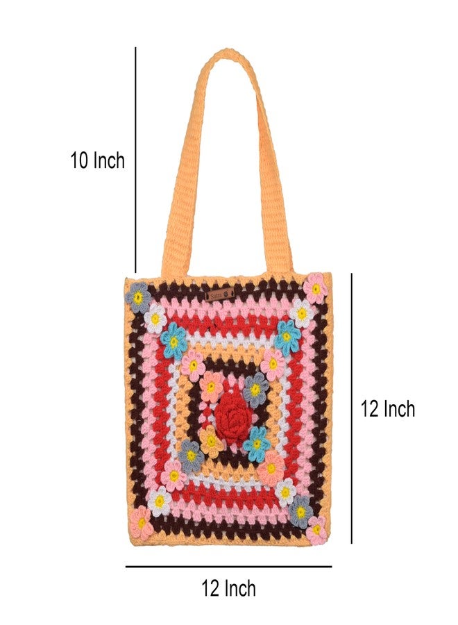 Sutra Handmade Wool Crochet Peach Handle Floral Tote Bag | Boho Shoulder Purse | Eco-Friendly Reusable Tote Bag | Summer Beach Handbag for Women Girls - Image 2