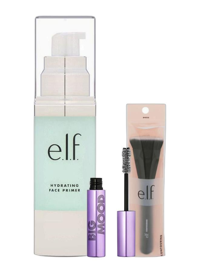 elf Big Mood Mascara Instantly Creates Longlasting Bold Lifted Voluminous Lashes Infused With Jojoba Wax Pitch Black 030 Fl Oz & Contouring Brush, 1 Count & Hydrating Face Primer Clear Bundle - Image 1