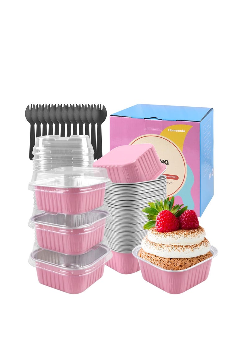 Homeanda - Homeanda 60pcs Mini Cake Pans & Loaf Pans with Lids - Disposable 5oz Square Aluminum Foil Baking Cups for Cheesecakes and Mini Cakes(Pink) - Image 1