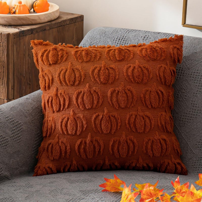 ANRODUO Fall Decorations 24x24 Set of 2 Fall Pillow Covers Autumn Dark Rust Pumpkin Throw Pillow Covers Fluffy Plush Faux Fur Wool Couch Cushion Case for Bed Sofa Bedroom Living Room Halloween Decor - Image 3