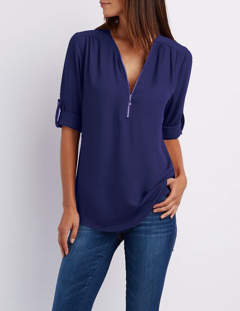 2026 V-Neck Zipper Plus Size Women's Long Sleeve Loose Chiffon Shirt