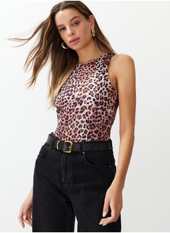 Light Brown Leopard Patterned Halter Collar Stretchy Snap Fastener Knitted Body TWOSS20BD0044