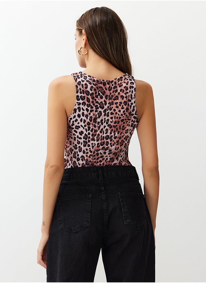 trendyol - Light Brown Leopard Patterned Halter Collar Stretchy Snap Fastener Knitted Body TWOSS20BD0044 - Image 1