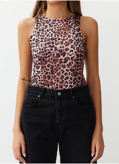 trendyol Light Brown Leopard Patterned Halter Collar Stretchy Snap Fastener Knitted Body TWOSS20BD0044  - Image 5