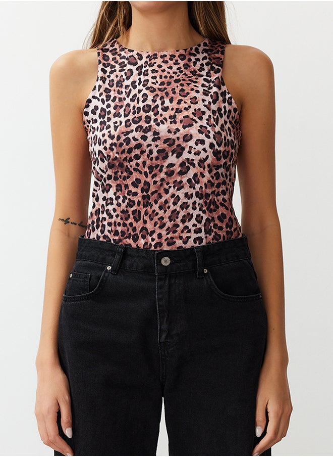 trendyol - Light Brown Leopard Patterned Halter Collar Stretchy Snap Fastener Knitted Body TWOSS20BD0044 - Image 1