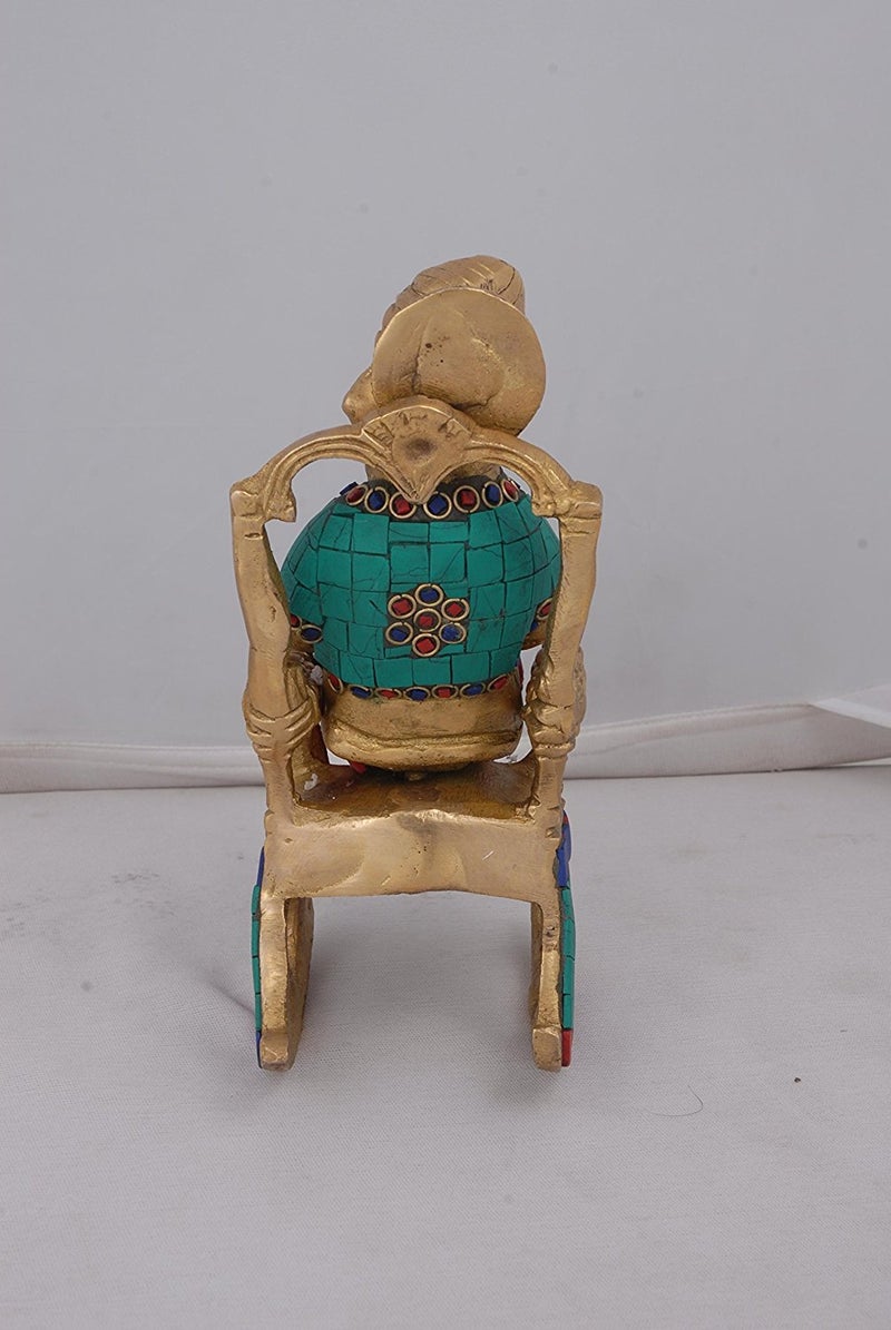 Idol Collections Brass Turbaned Ganesha Ganesh Murti Idol Statue Reading Book Sitting on Chair Height 7.75 Inches - Image 2