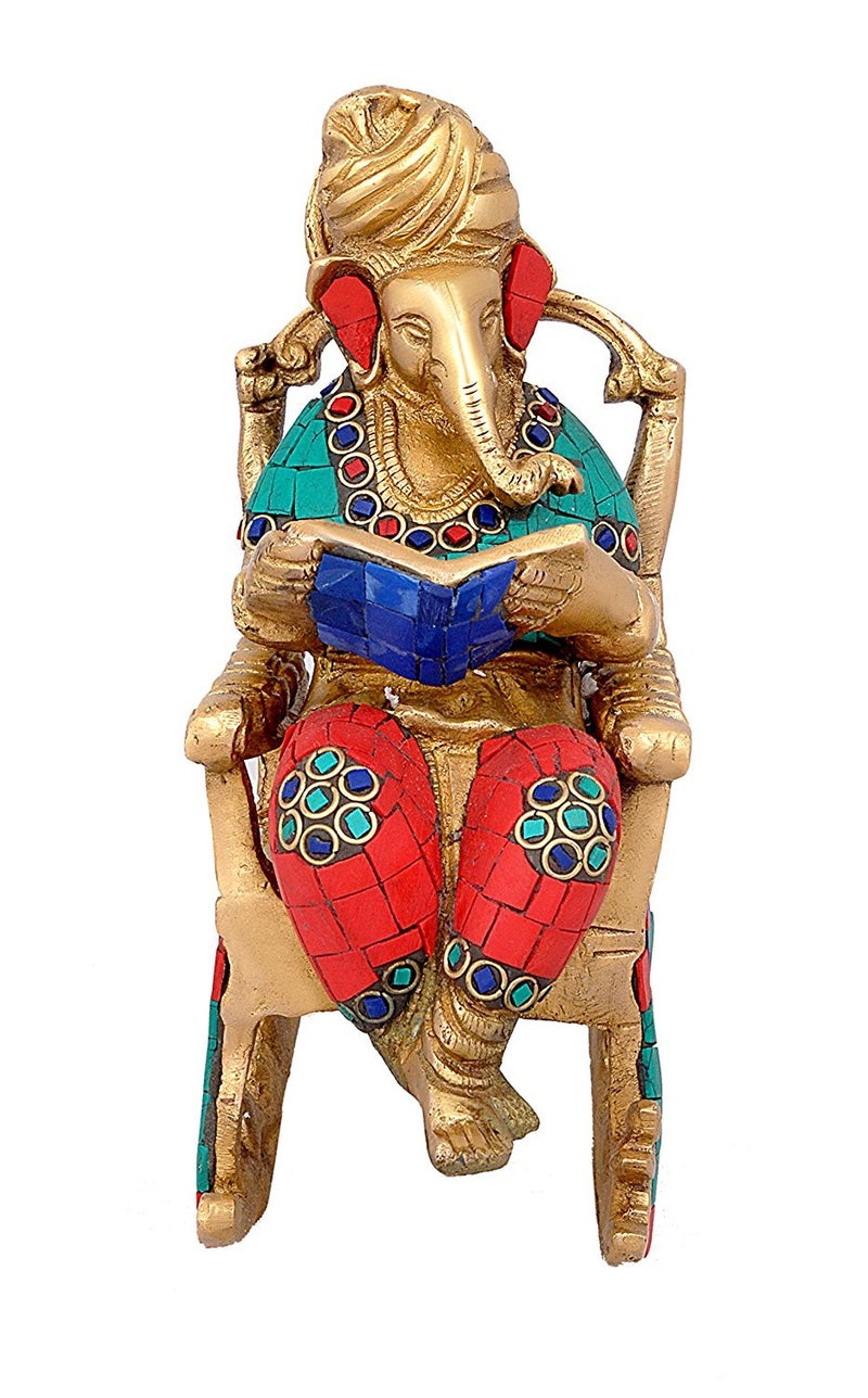 Idol Collections Brass Turbaned Ganesha Ganesh Murti Idol Statue Reading Book Sitting on Chair Height 7.75 Inches - Image 3