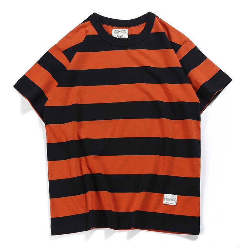 Generic OKONKWO new American retro Kaji T-shirt heavy prisoner motorcycle mens short sleeve thick large striped T-shirt 9132 orange and black stripes 
