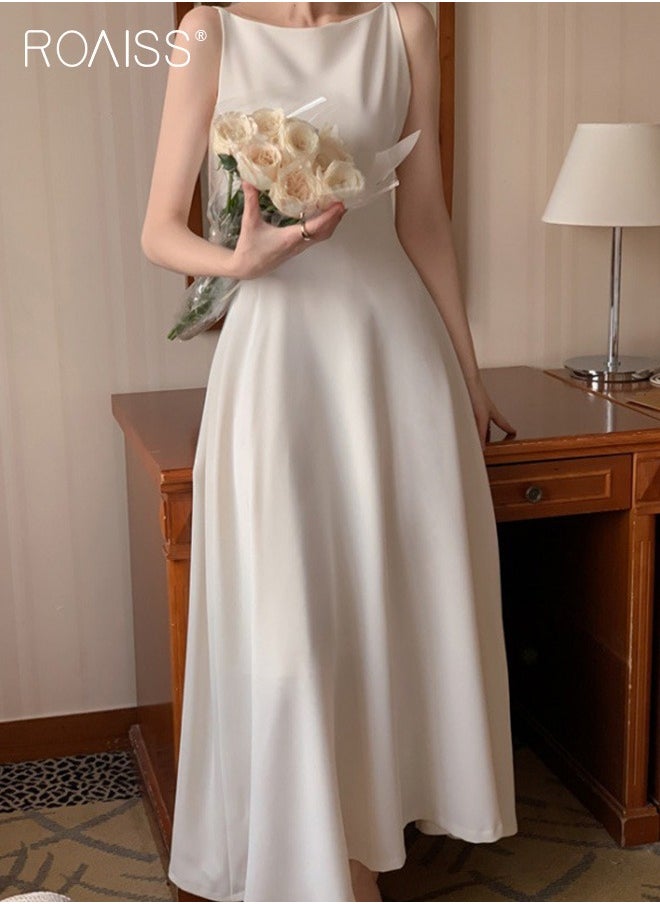 roaiss Simple And Gentle Satin Dress, Women'S Fashionable And Versatile Commuting One-Shoulder Sleeveless High-Waist Large Skirt A-Line Dress  - Image 1