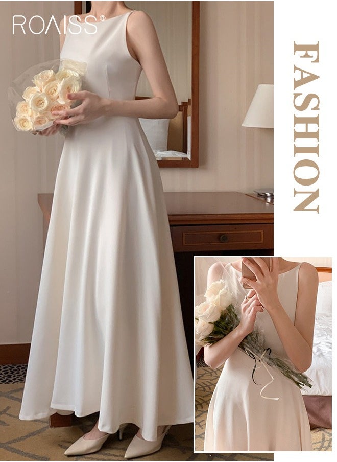 roaiss Simple And Gentle Satin Dress, Women'S Fashionable And Versatile Commuting One-Shoulder Sleeveless High-Waist Large Skirt A-Line Dress  - Image 2