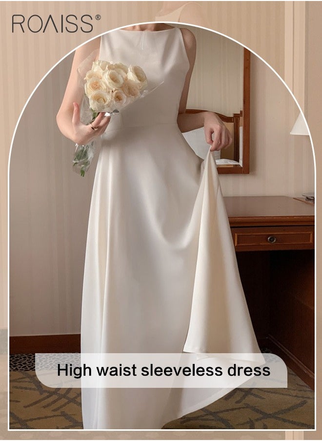 roaiss Simple And Gentle Satin Dress, Women'S Fashionable And Versatile Commuting One-Shoulder Sleeveless High-Waist Large Skirt A-Line Dress  - Image 3