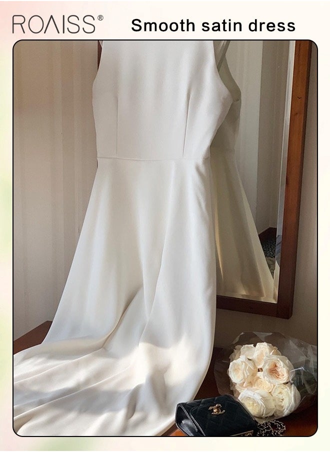 roaiss Simple And Gentle Satin Dress, Women'S Fashionable And Versatile Commuting One-Shoulder Sleeveless High-Waist Large Skirt A-Line Dress  - Image 4