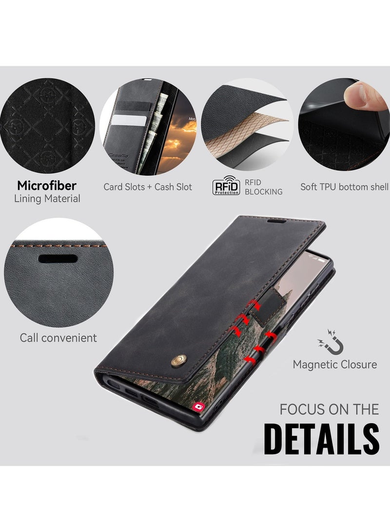 جراب محفظة جلدي قلاب عتيق لهاتف Galaxy S26 Ultra مع حامل بطاقات، وتقنية حجب RFID، وإغلاق مغناطيسي، وغطاء مقاوم للصدمات مع مسند - أسود - Image 2