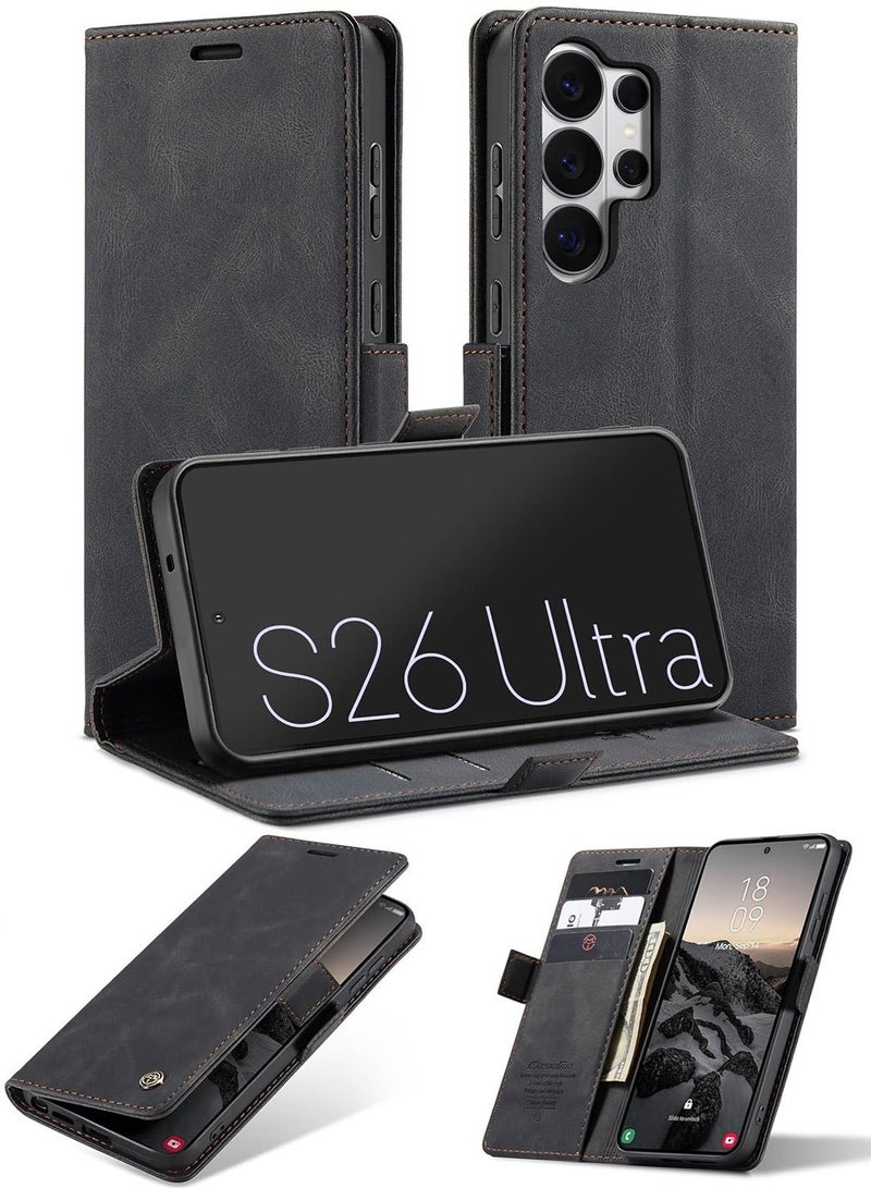 جراب محفظة جلدي قلاب عتيق لهاتف Galaxy S26 Ultra مع حامل بطاقات، وتقنية حجب RFID، وإغلاق مغناطيسي، وغطاء مقاوم للصدمات مع مسند - أسود - Image 1