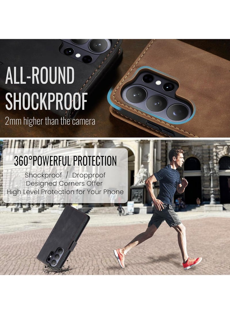 جراب محفظة جلدي قلاب عتيق لهاتف Galaxy S26 Ultra مع حامل بطاقات، وتقنية حجب RFID، وإغلاق مغناطيسي، وغطاء مقاوم للصدمات مع مسند - أسود - Image 3